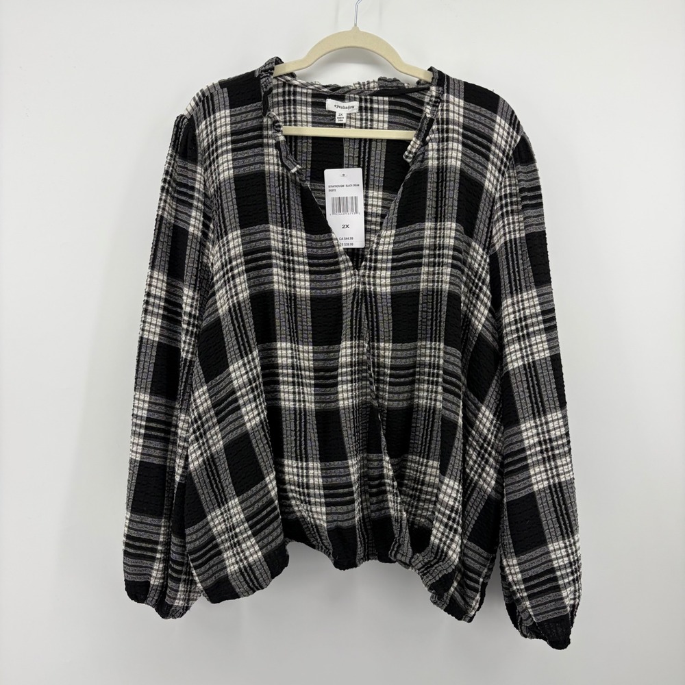 Eyeshadow Plaid Wrap Top Black White Size 2X Long Sleeve Elastic Hem NEW